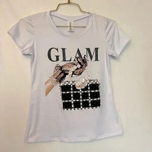 Glam Bling Bling Studded Top Short Sleeve White
